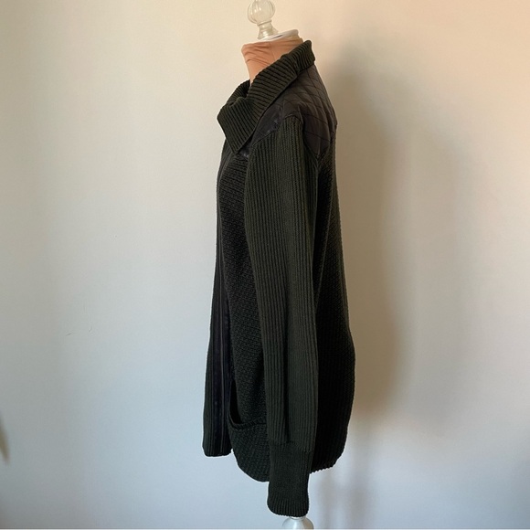 White+Warren Cotton Knit Army Green Black Quilted Leather Yoke Sweater Jacket M - Picture 3 of 9